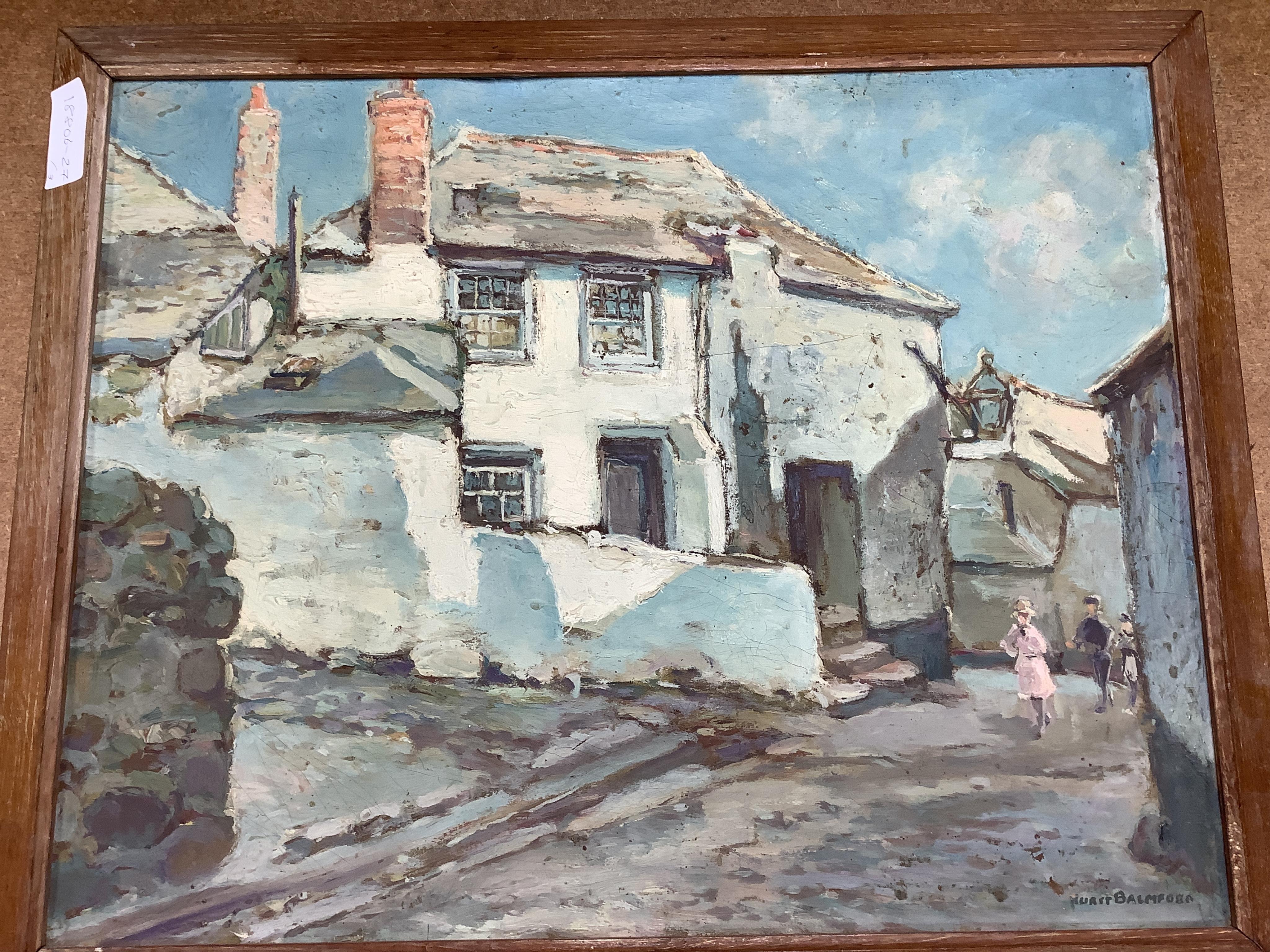 Hurst Balmford (1871-1950), Coastal view, harbour view and street scene, each signed, set of three oils on canvas laid onto board, 40 x 50cm
